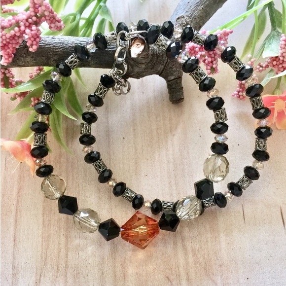 Artesian Memory Wire Wrap Bracelet Black Clear Orange Glass Bead Womans Jewelry - Picture 5 of 7